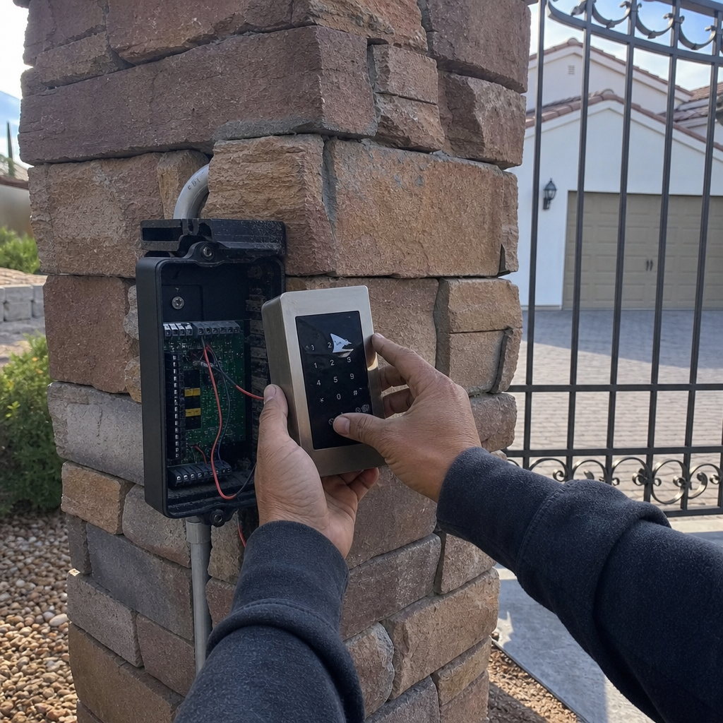 Gate access control keypad connection on stone pillar