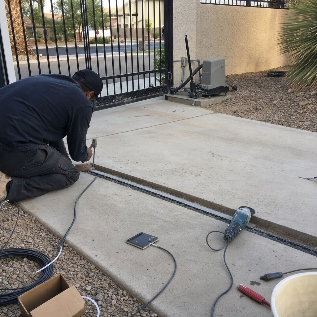 Gate access control installation by technician cutting concrete driveway