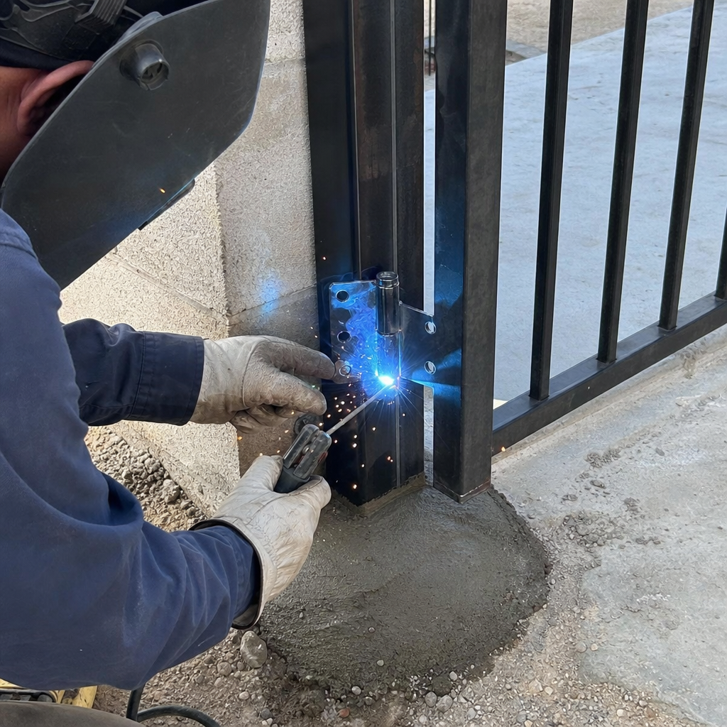Welder installing gate hinge with sparks flying.