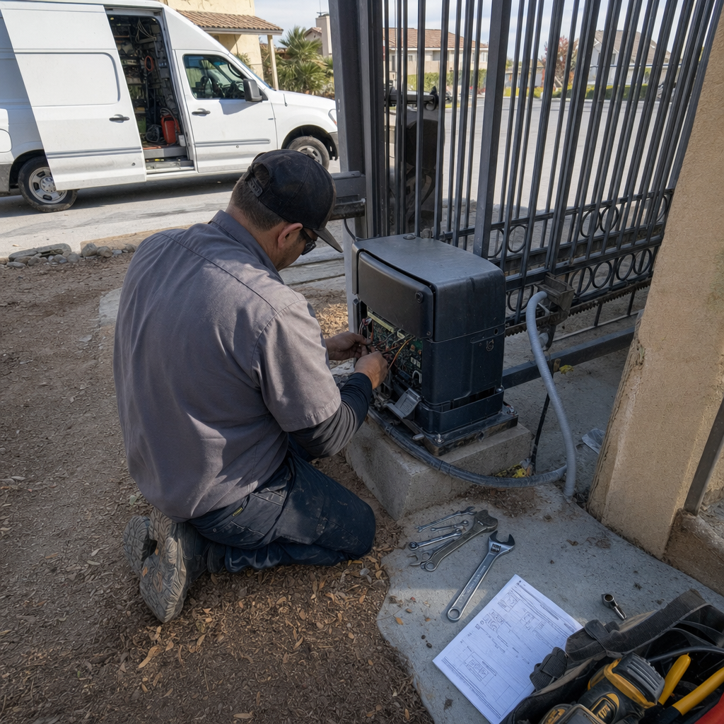 Gate motor and opener repair technician working on gate motor wiring