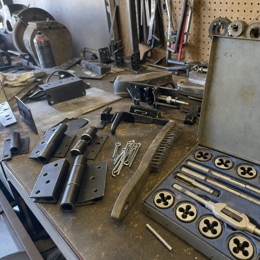 Gate parts and welding tools on workbench