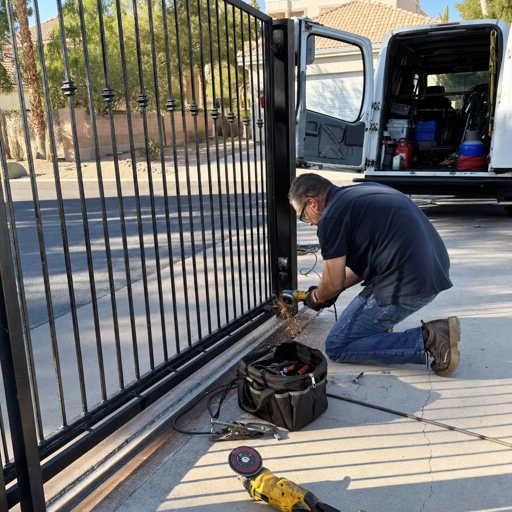 Gate repair technician grinding metal with angle grinder