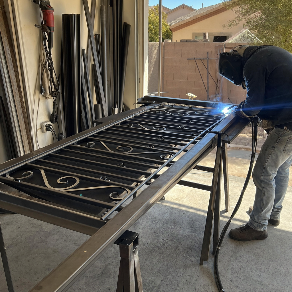 Welder repairing ornate metal gate with welding in Winchester, NV