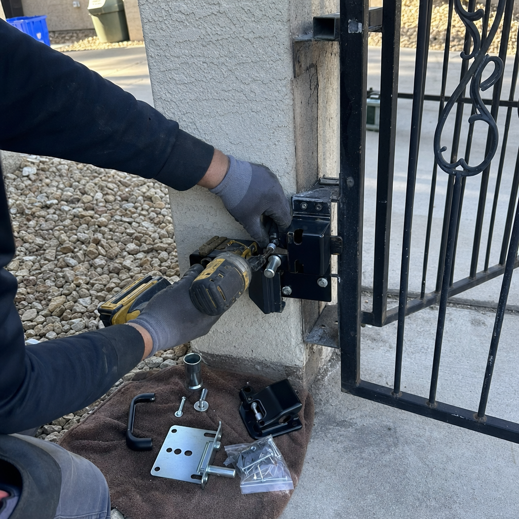 Gate repair technician installing latch on gate with power drill in Las Vegas, NV